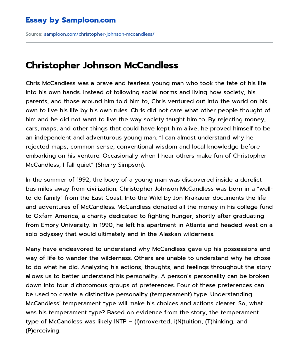 Christopher Johnson McCandless Analytical Essay essay