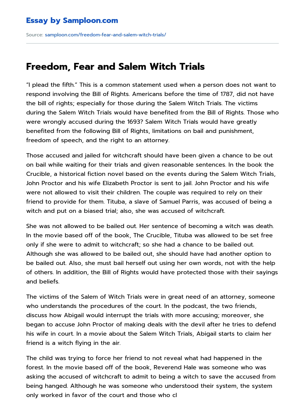 Freedom, Fear and Salem Witch Trials essay
