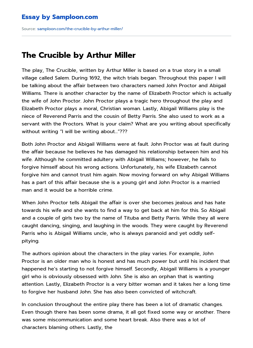 arthur miller essay on the crucible