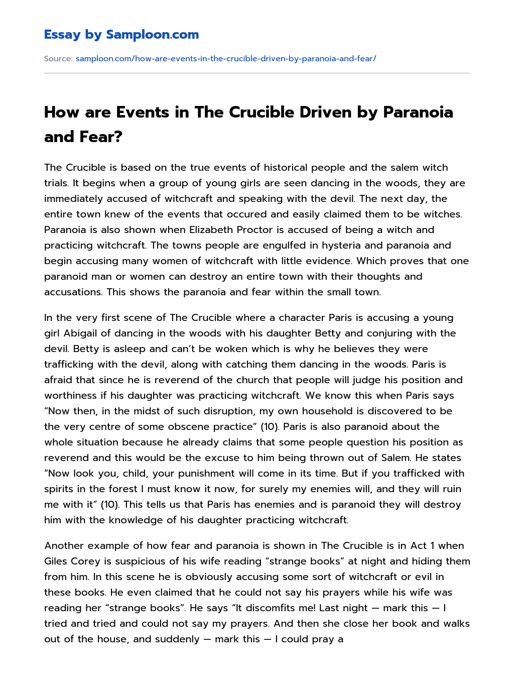 How are Events in The Crucible Driven by Paranoia and Fear? essay