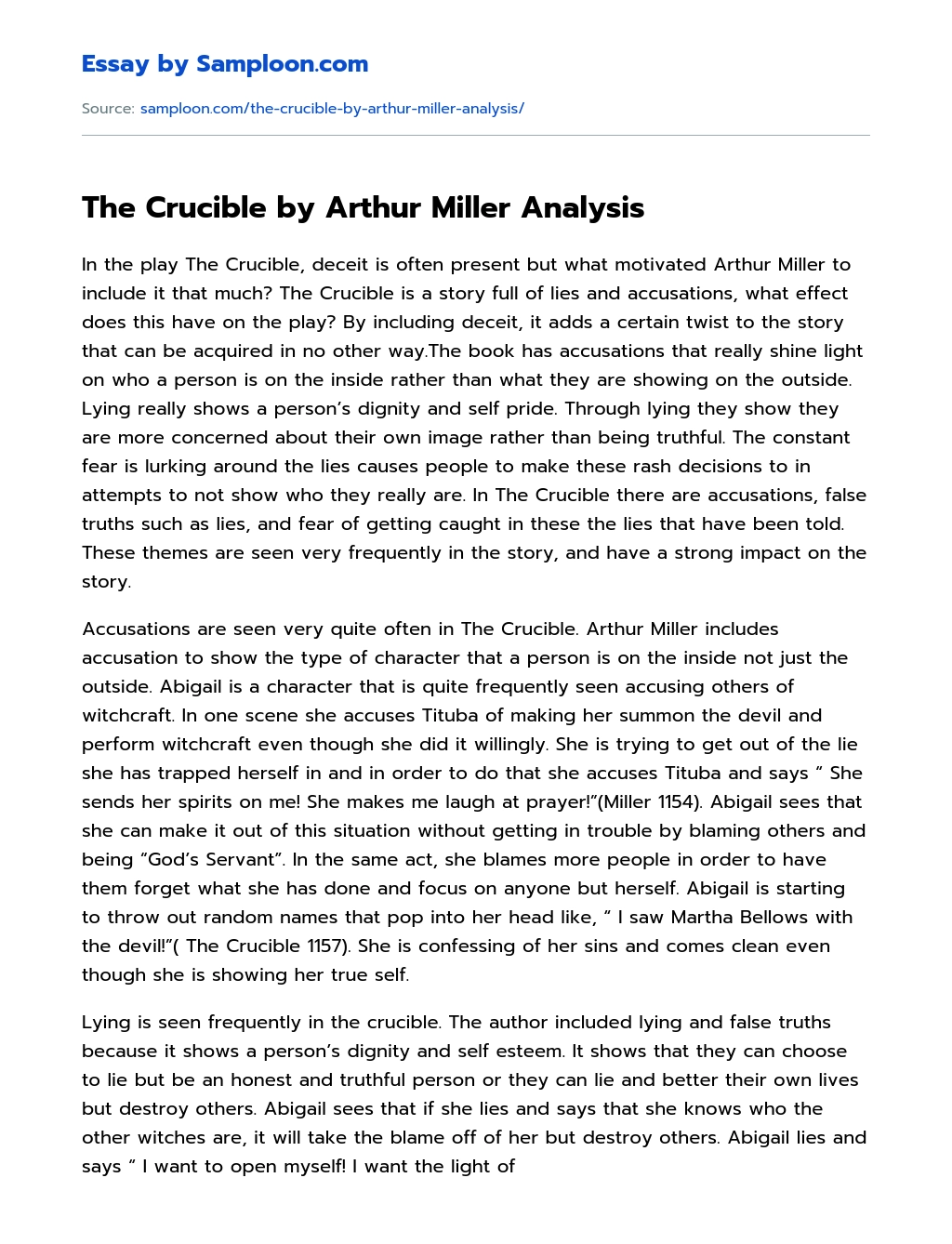 The Crucible by Arthur Miller Analysis essay