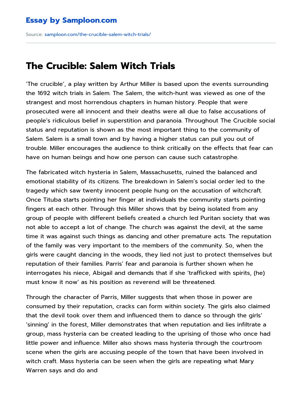 The Crucible: Salem Witch Trials essay