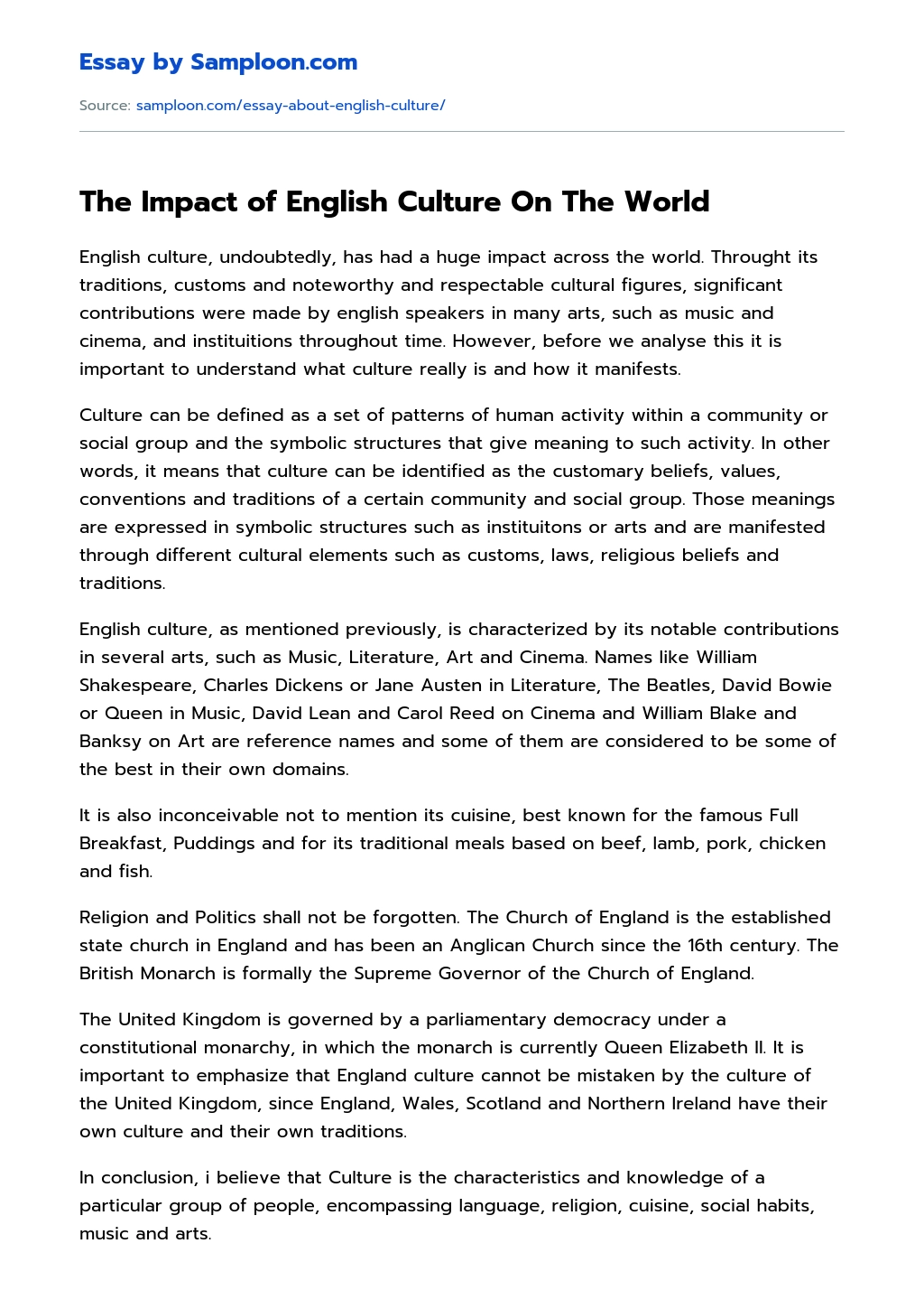 The Impact of English Culture On The World essay