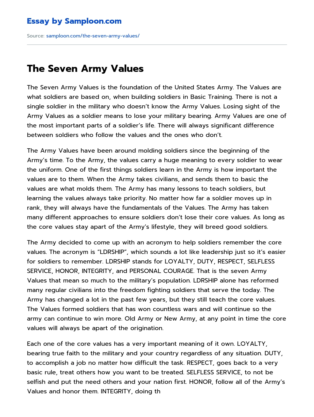 The Seven Army Values Argumentative Essay essay