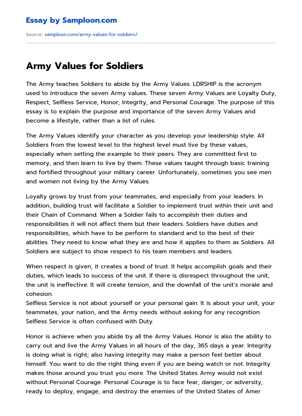 Army Values for Soldiers essay