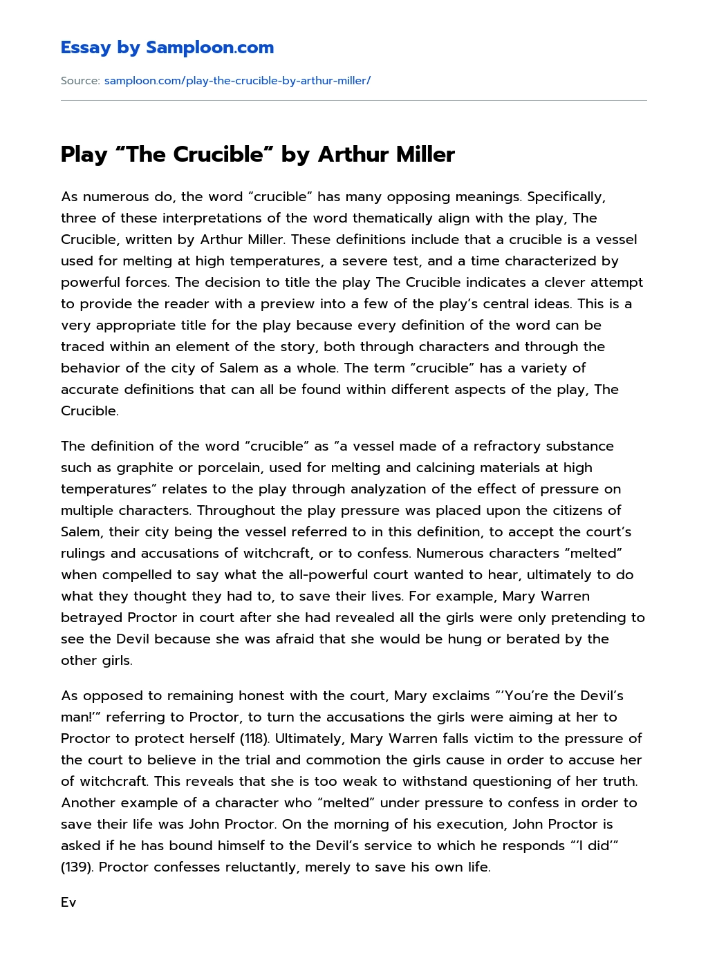Play “The Crucible” by Arthur Miller Argumentative Essay essay