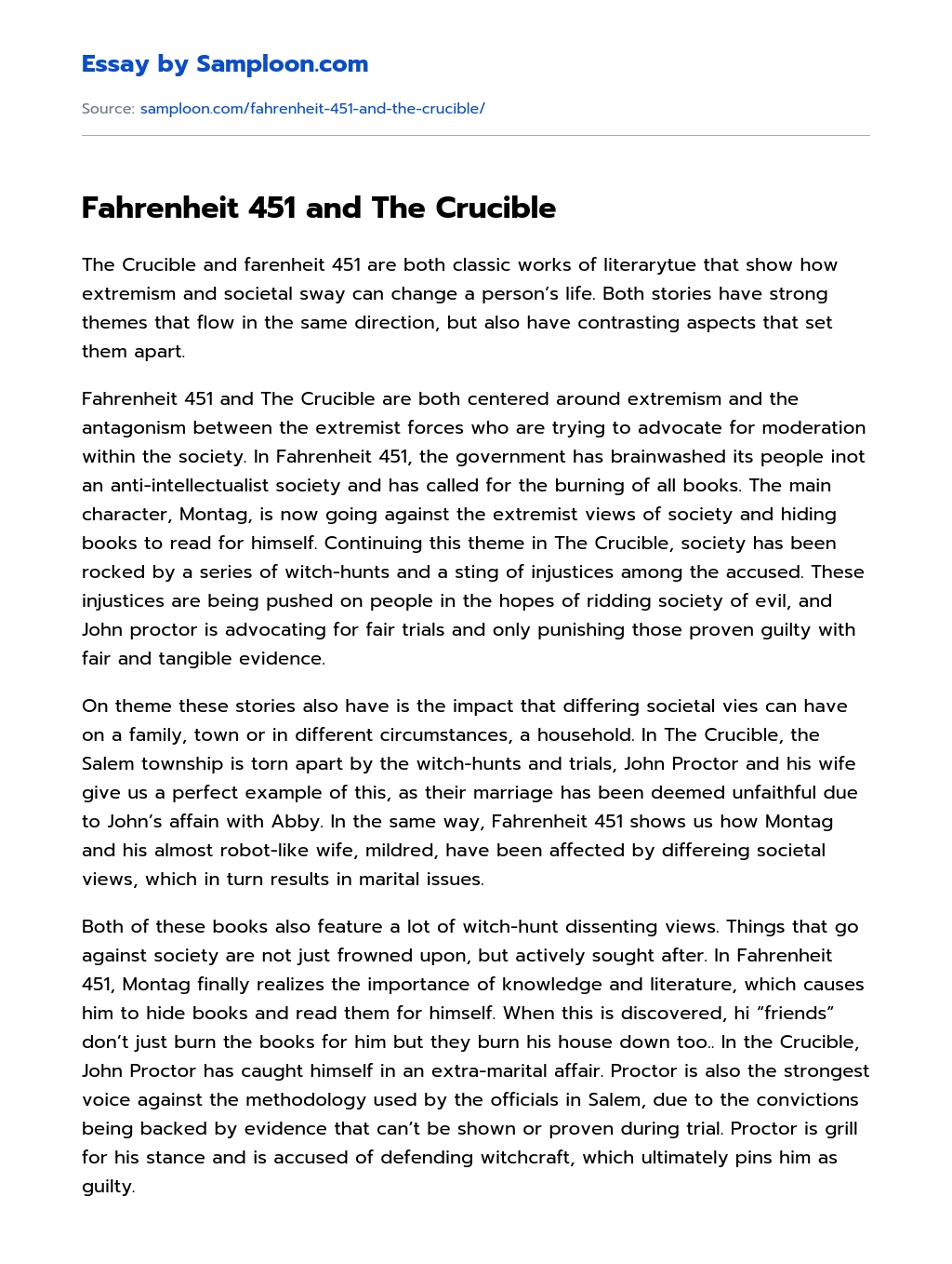 Fahrenheit 451 and The Crucible Summary essay