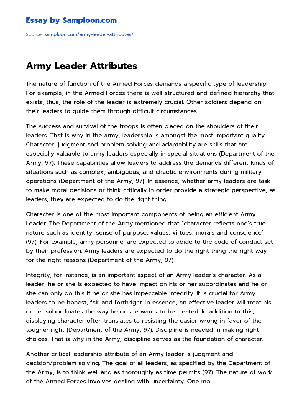 Army Leader Attributes Analytical Essay essay