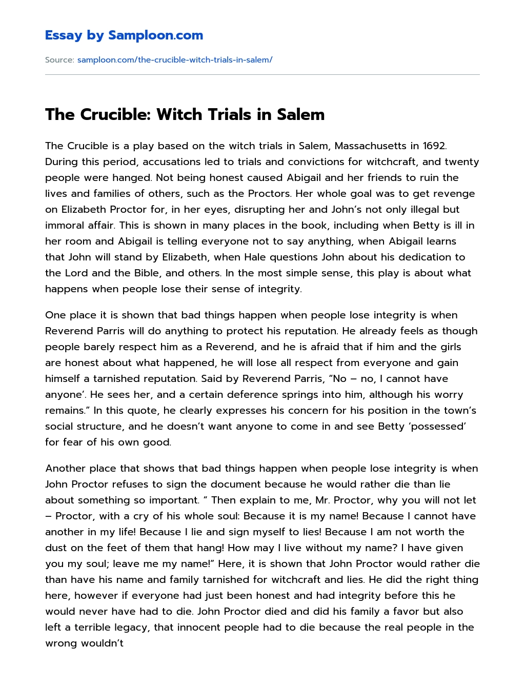 The Crucible: Witch Trials in Salem essay