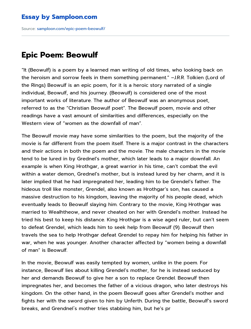 Epic Poem: Beowulf Movie Analysis essay