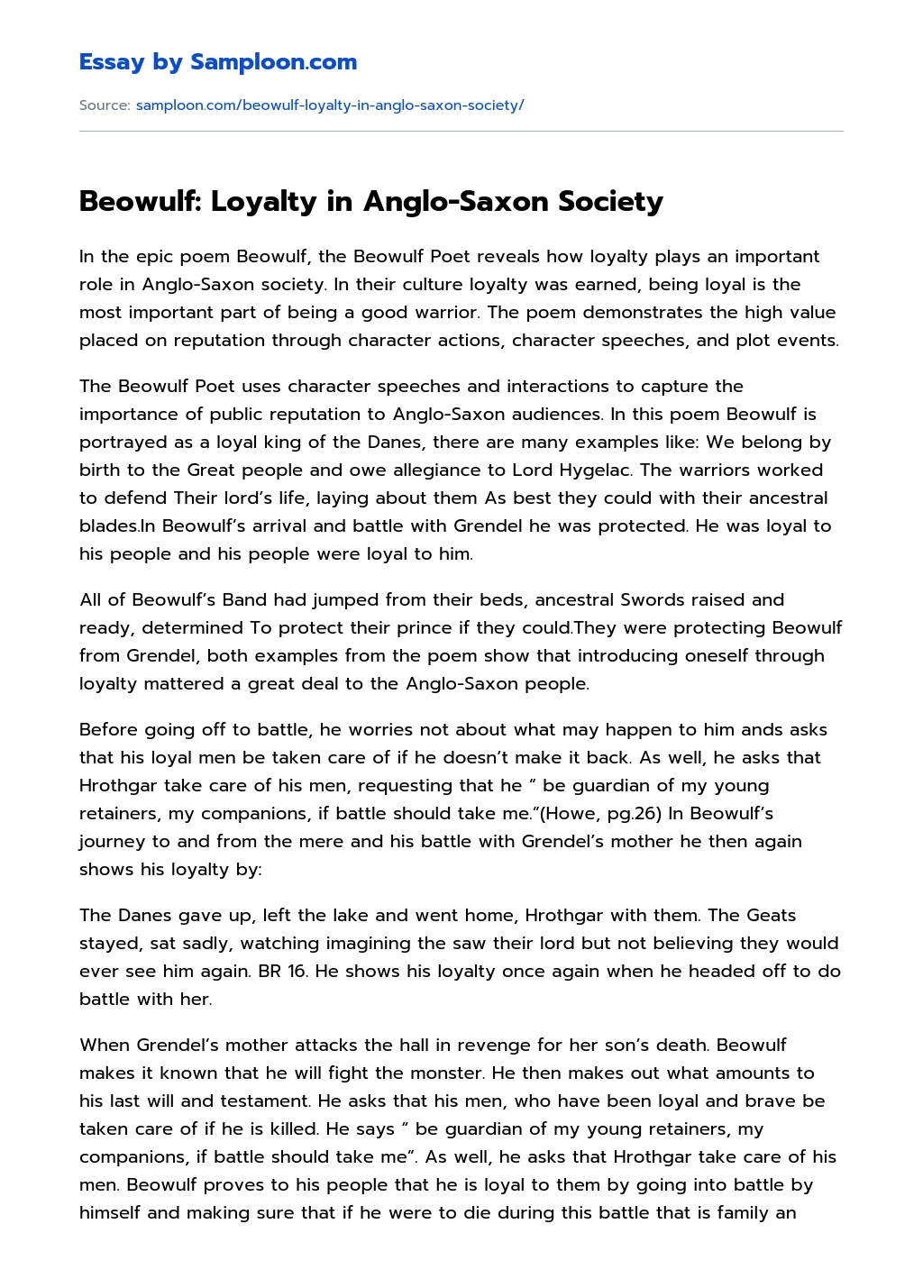 Beowulf: Loyalty in Anglo-Saxon Society Literary Analysis essay
