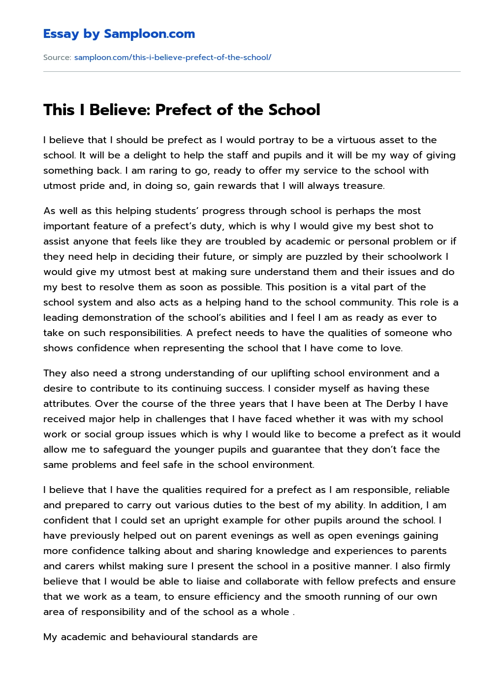 This I Believe: Prefect of the School Free Essay Sample on