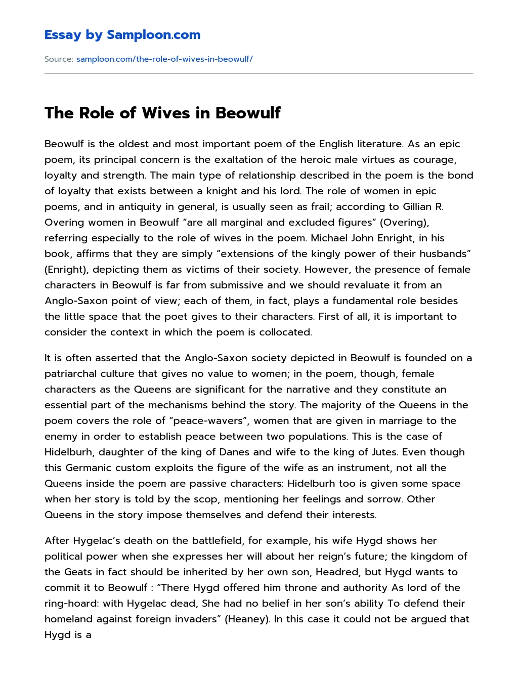 The Role of Wives in Beowulf Review essay