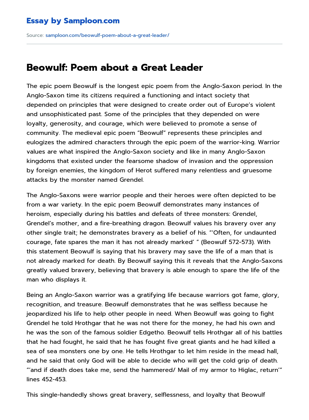 Beowulf: Poem about a Great Leader Summary essay