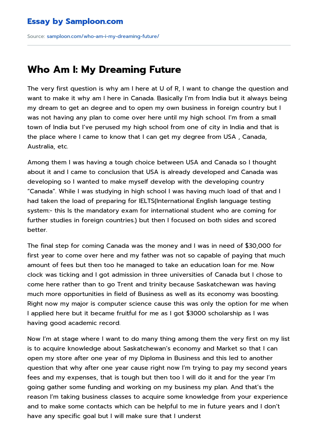 Who Am I: My Dreaming Future essay
