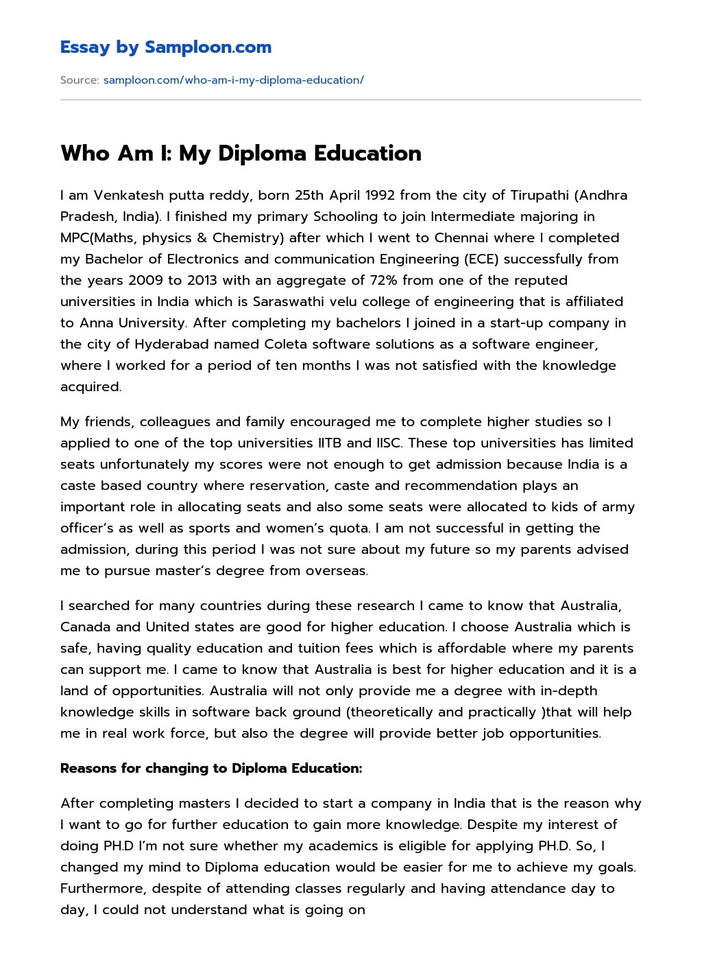 Who Am I: My Diploma Education essay