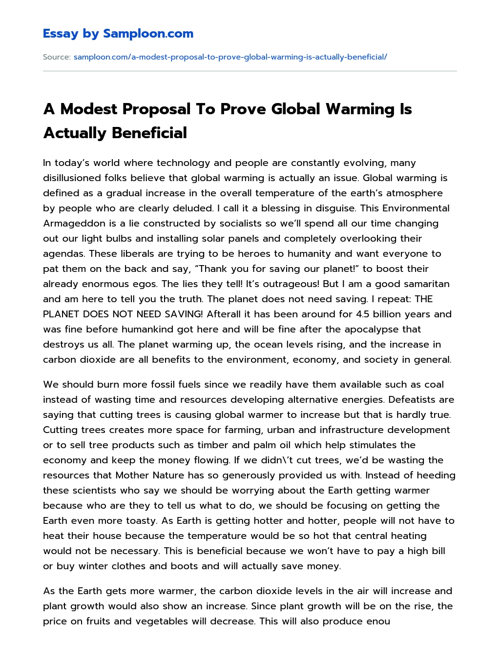 A Modest Proposal To Prove Global Warming Is Actually Beneficial essay