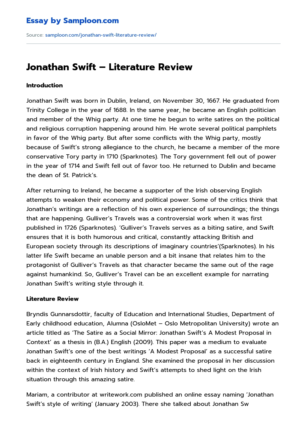 Jonathan Swift – Literature Review essay