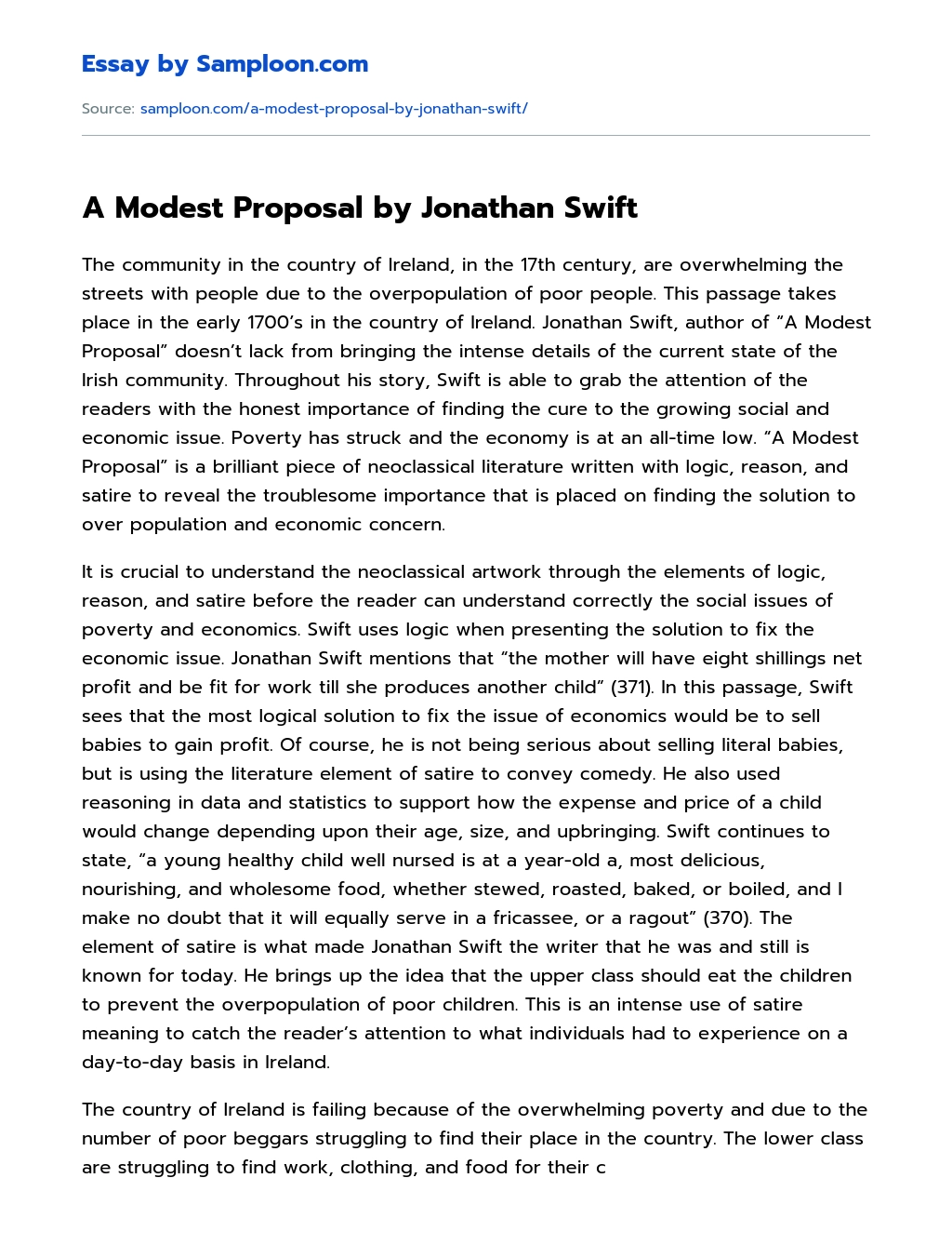 A Modest Proposal by Jonathan Swift Analytical Essay essay