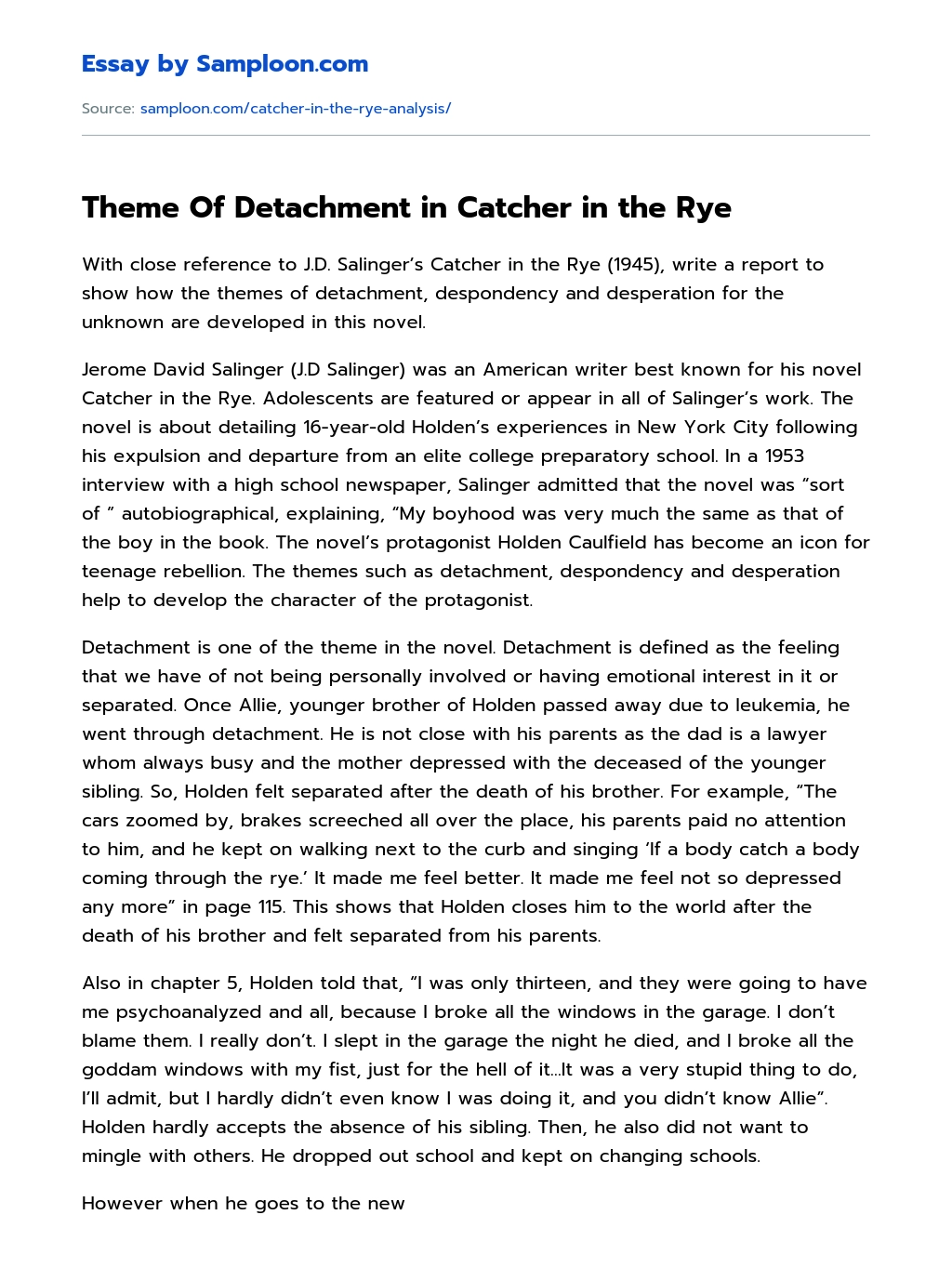 Theme Of Detachment in Catcher in the Rye Analytical Essay essay