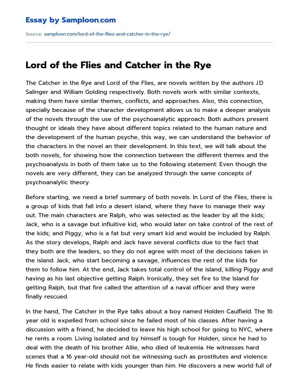 Lord of the Flies and Catcher in the Rye Character Analysis essay