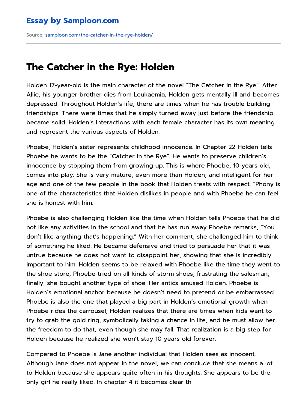 The Catcher in the Rye: Holden essay