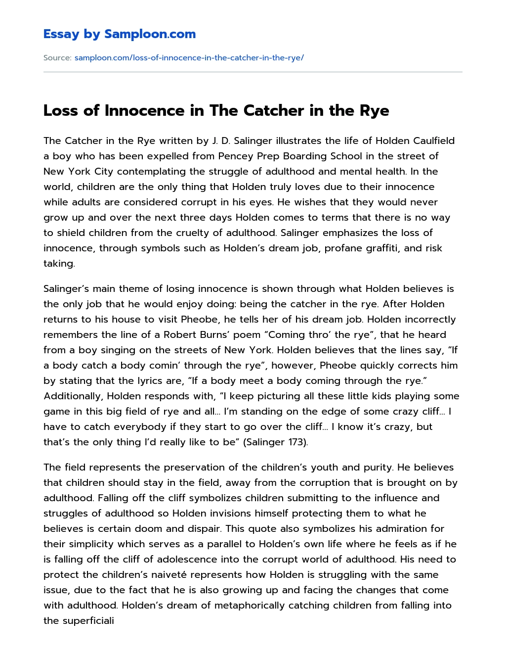 Loss of Innocence in The Catcher in the Rye essay