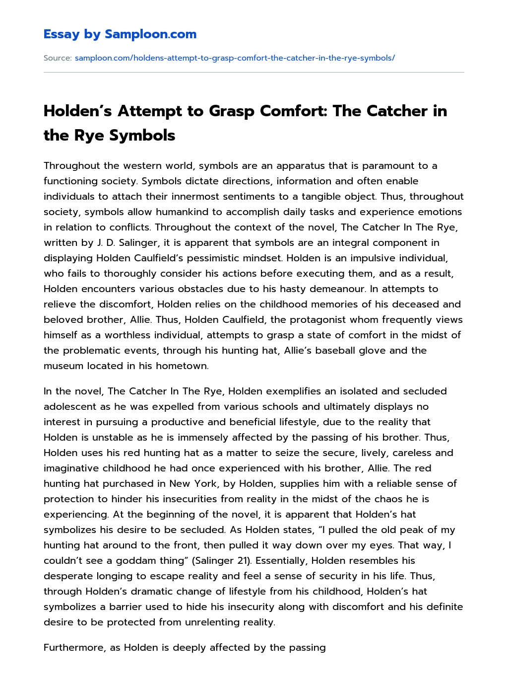 Holden’s Attempt to Grasp Comfort: The Catcher in the Rye Symbols essay