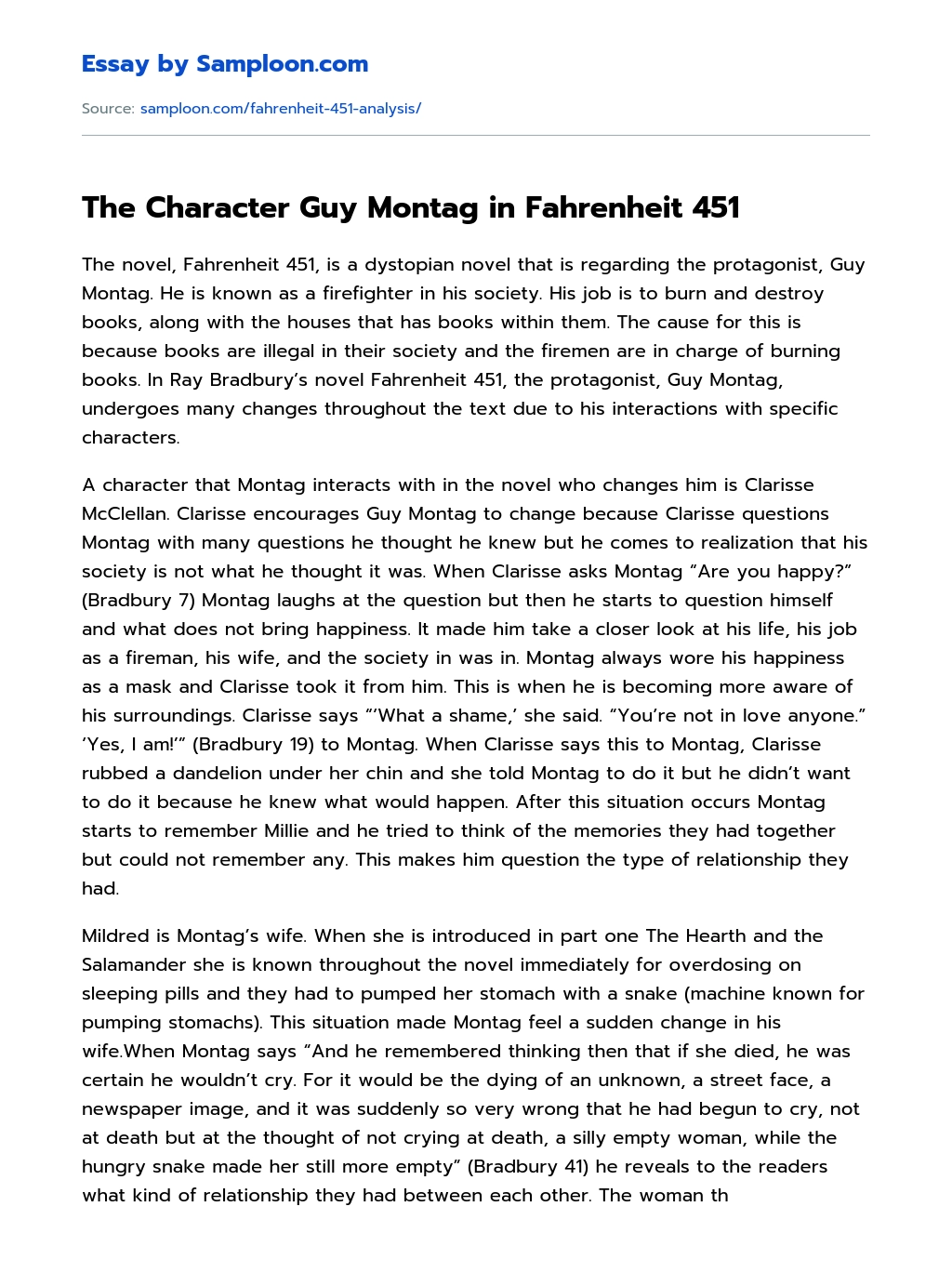 The Character Guy Montag in Fahrenheit 451 Literary Analysis essay