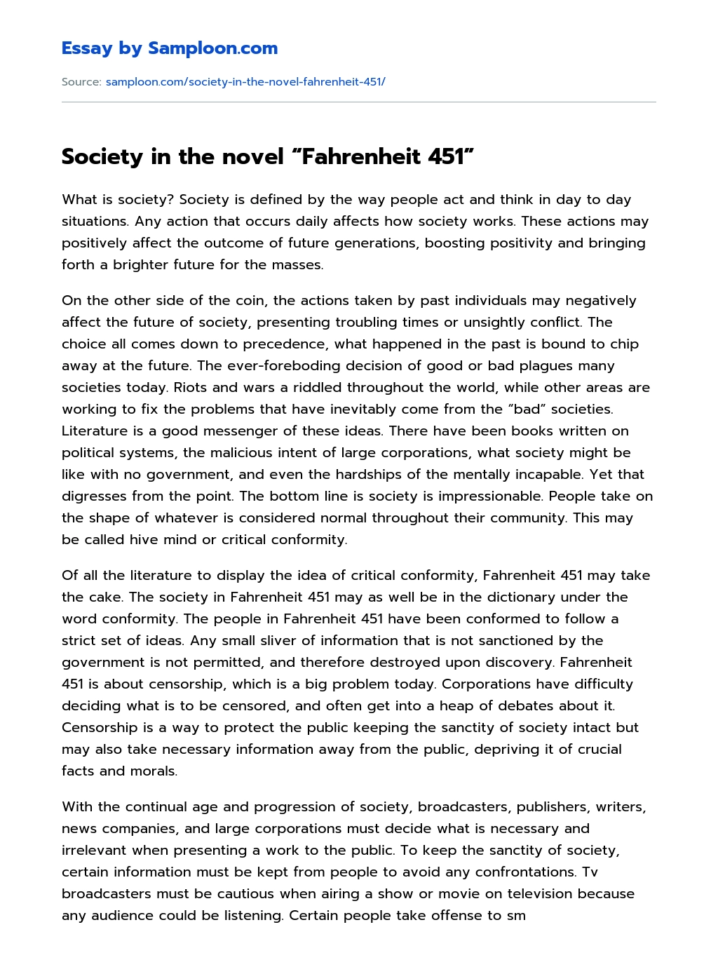 Society in the novel “Fahrenheit 451” essay