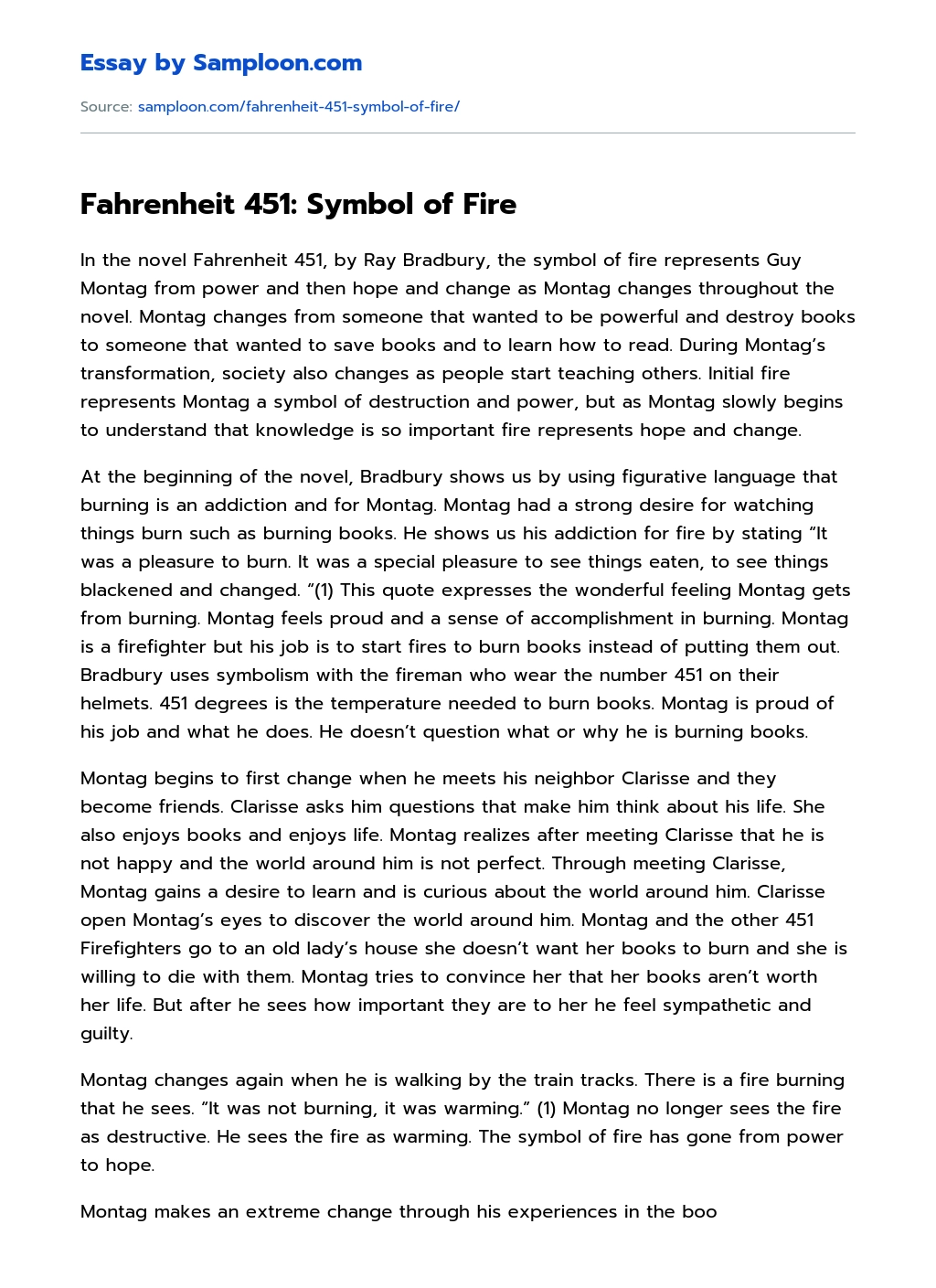 Fahrenheit 451: Symbol of Fire Analytical Essay essay