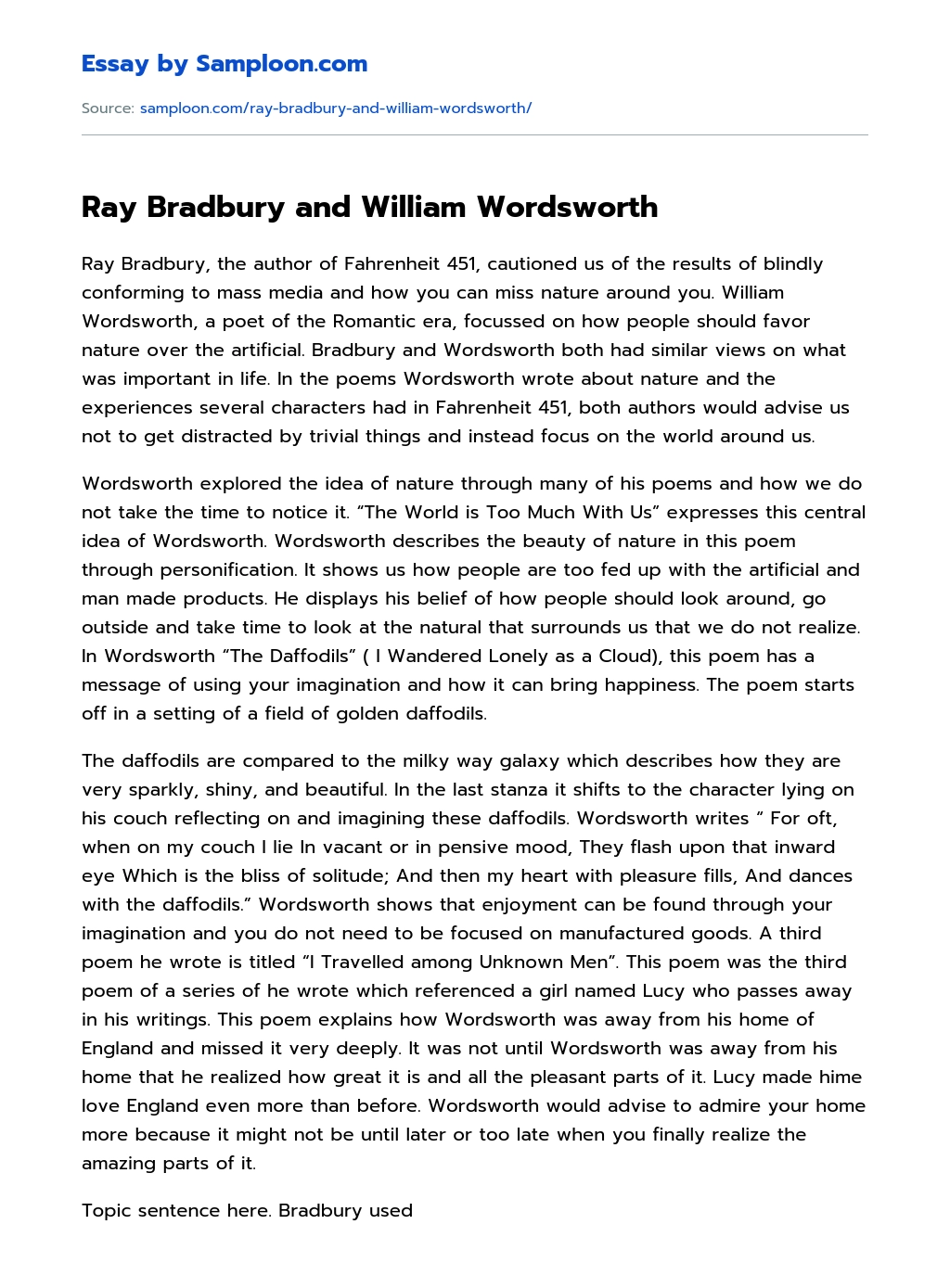 Ray Bradbury and William Wordsworth essay