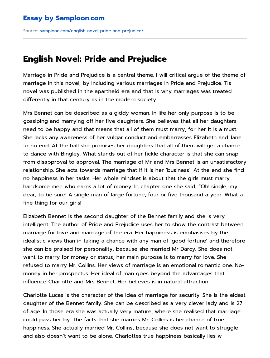 English Novel: Pride and Prejudice essay