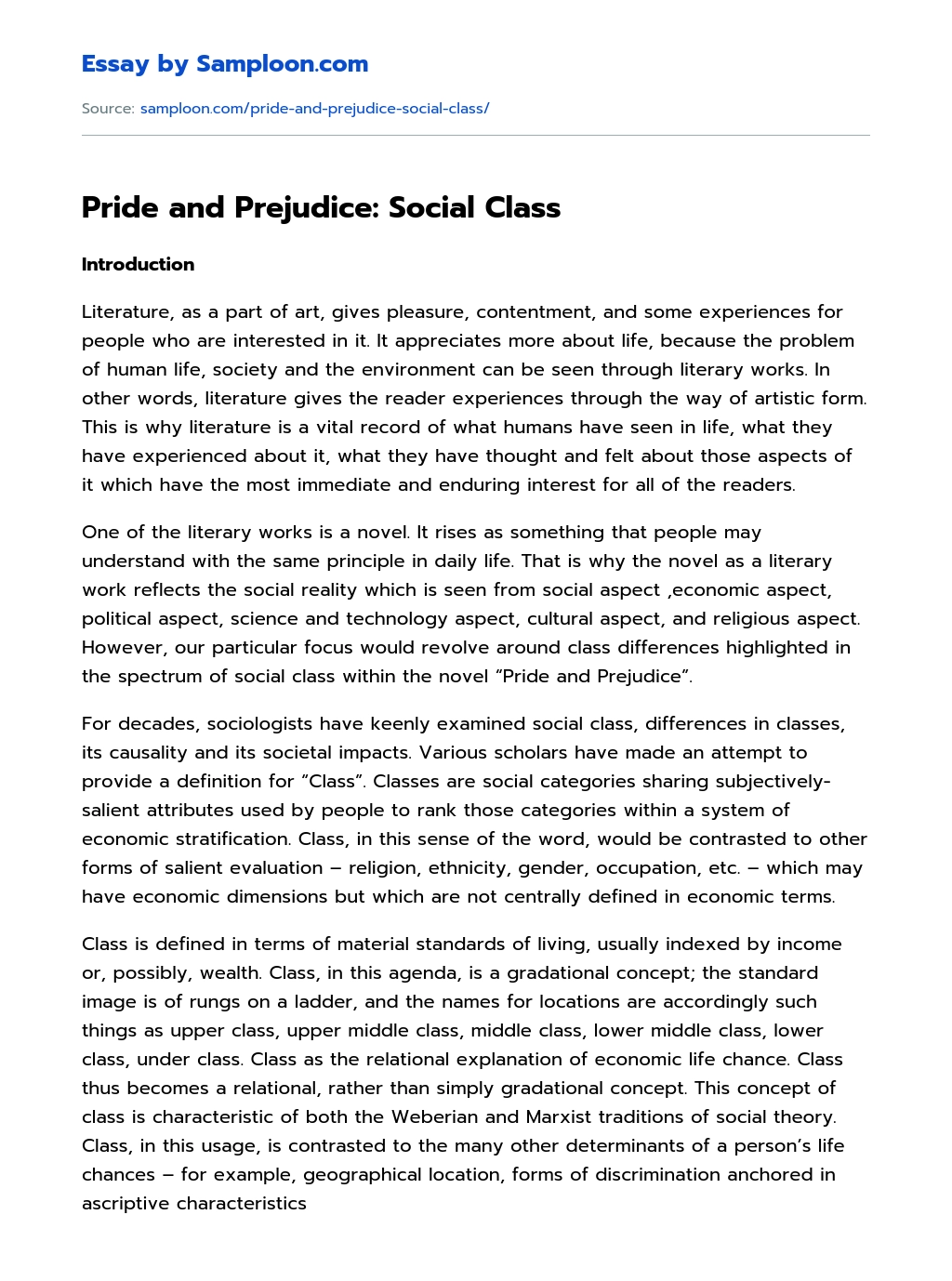 Pride and Prejudice: Social Class Analytical Essay essay