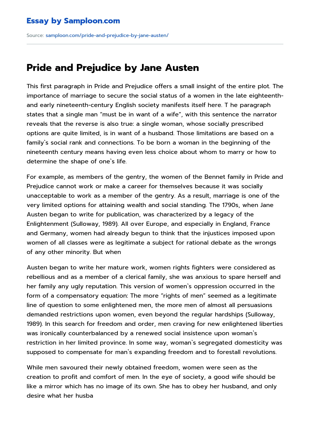 Pride and Prejudice by Jane Austen essay
