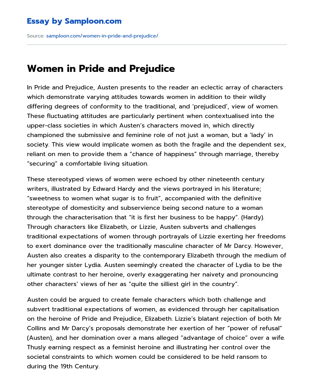 Women in Pride and Prejudice essay