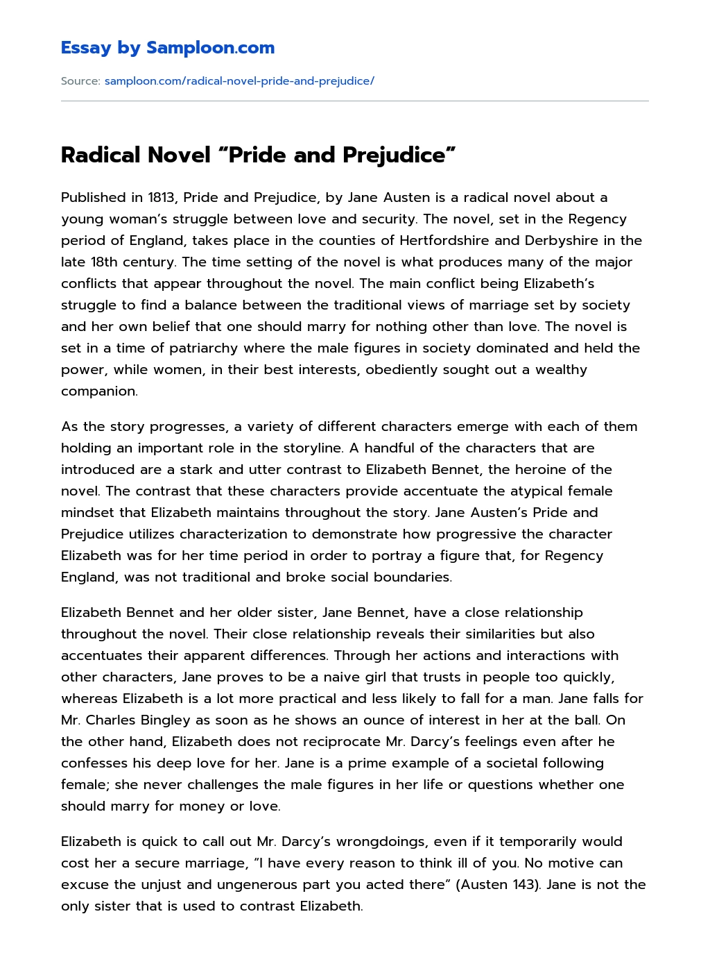 Radical Novel “Pride and Prejudice” Compare And Contrast essay