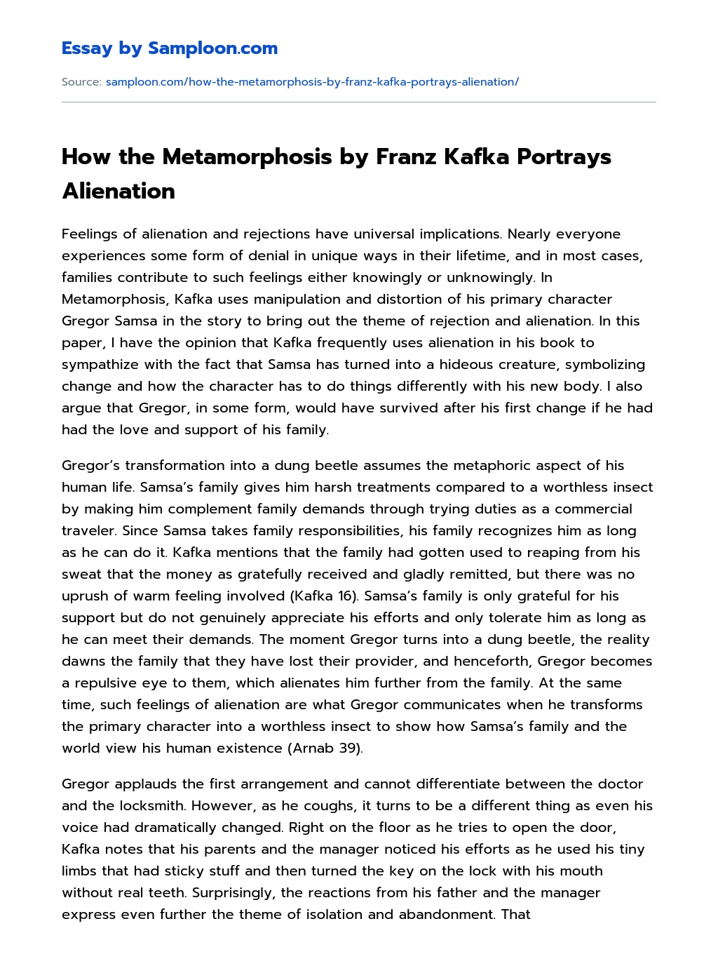 How the Metamorphosis by Franz Kafka Portrays Alienation essay