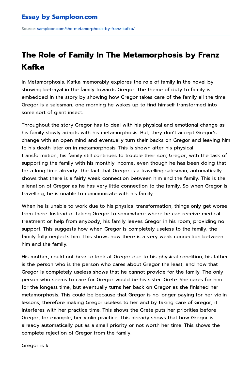 The Role of Family In The Metamorphosis by Franz Kafka essay