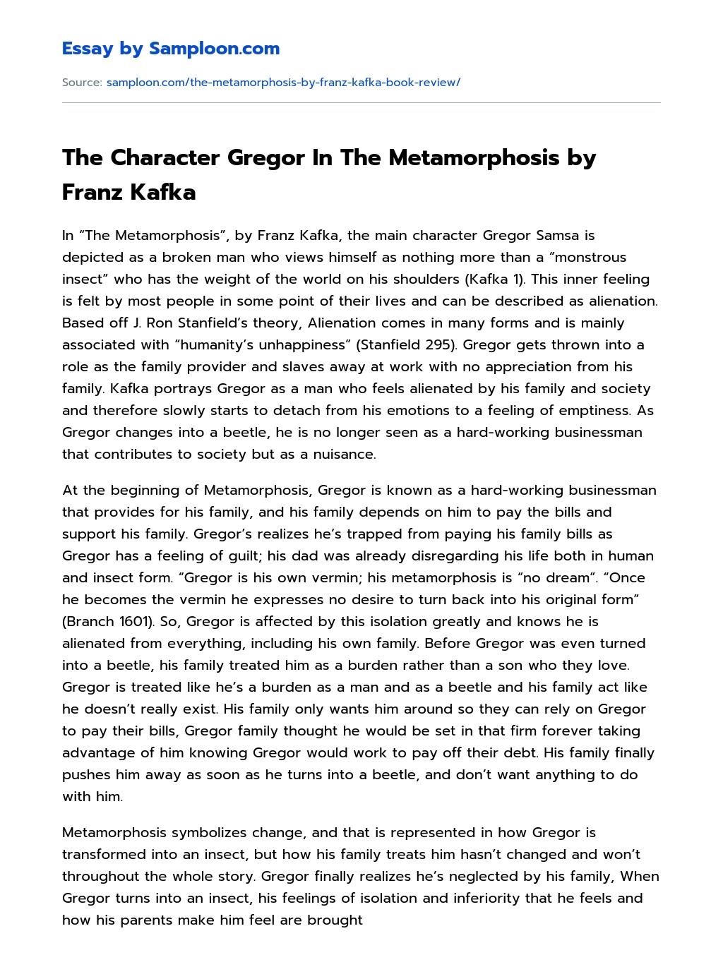 The Character Gregor In The Metamorphosis by Franz Kafka essay