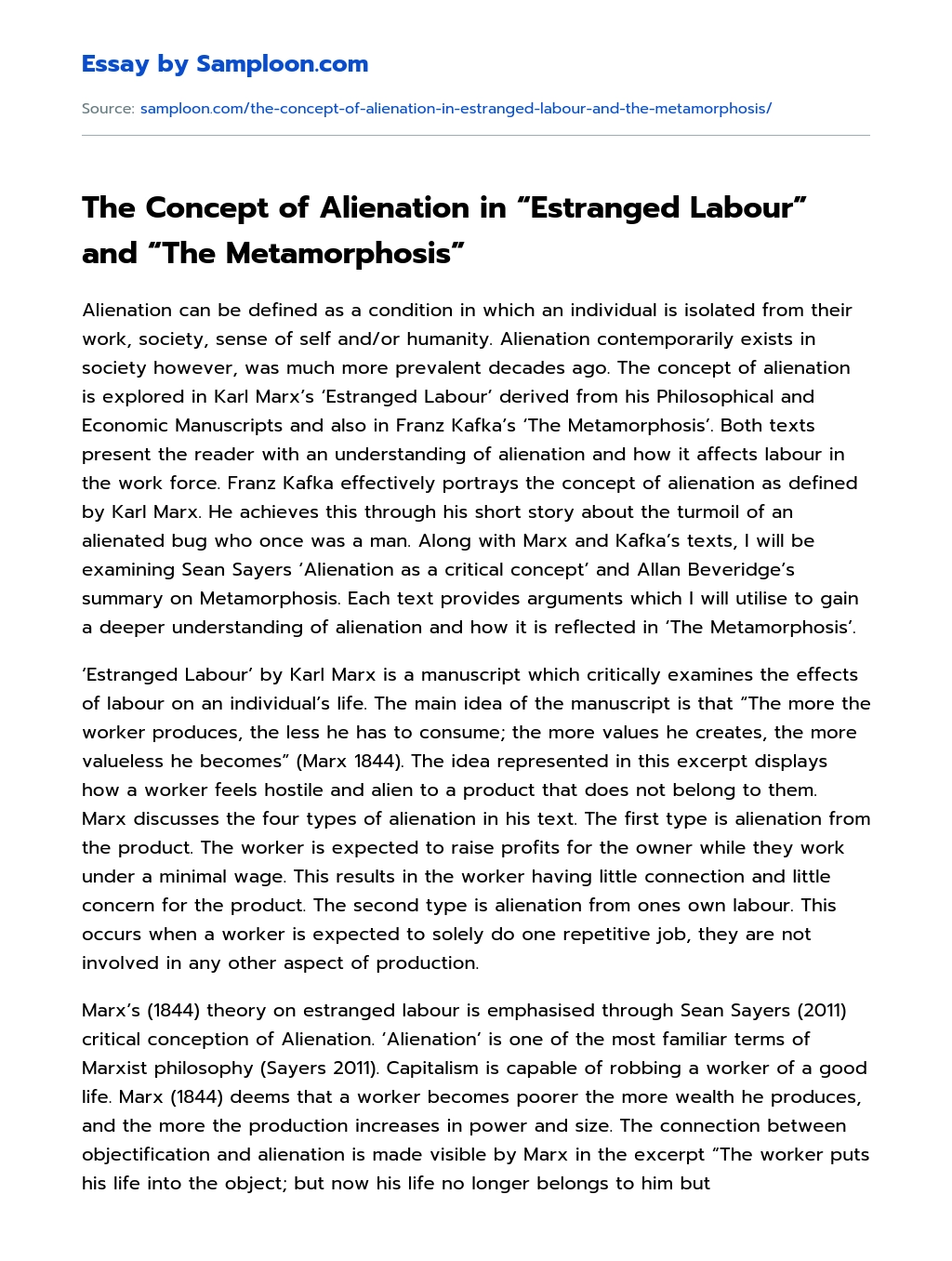 The Concept of Alienation in “Estranged Labour” and “The Metamorphosis” essay