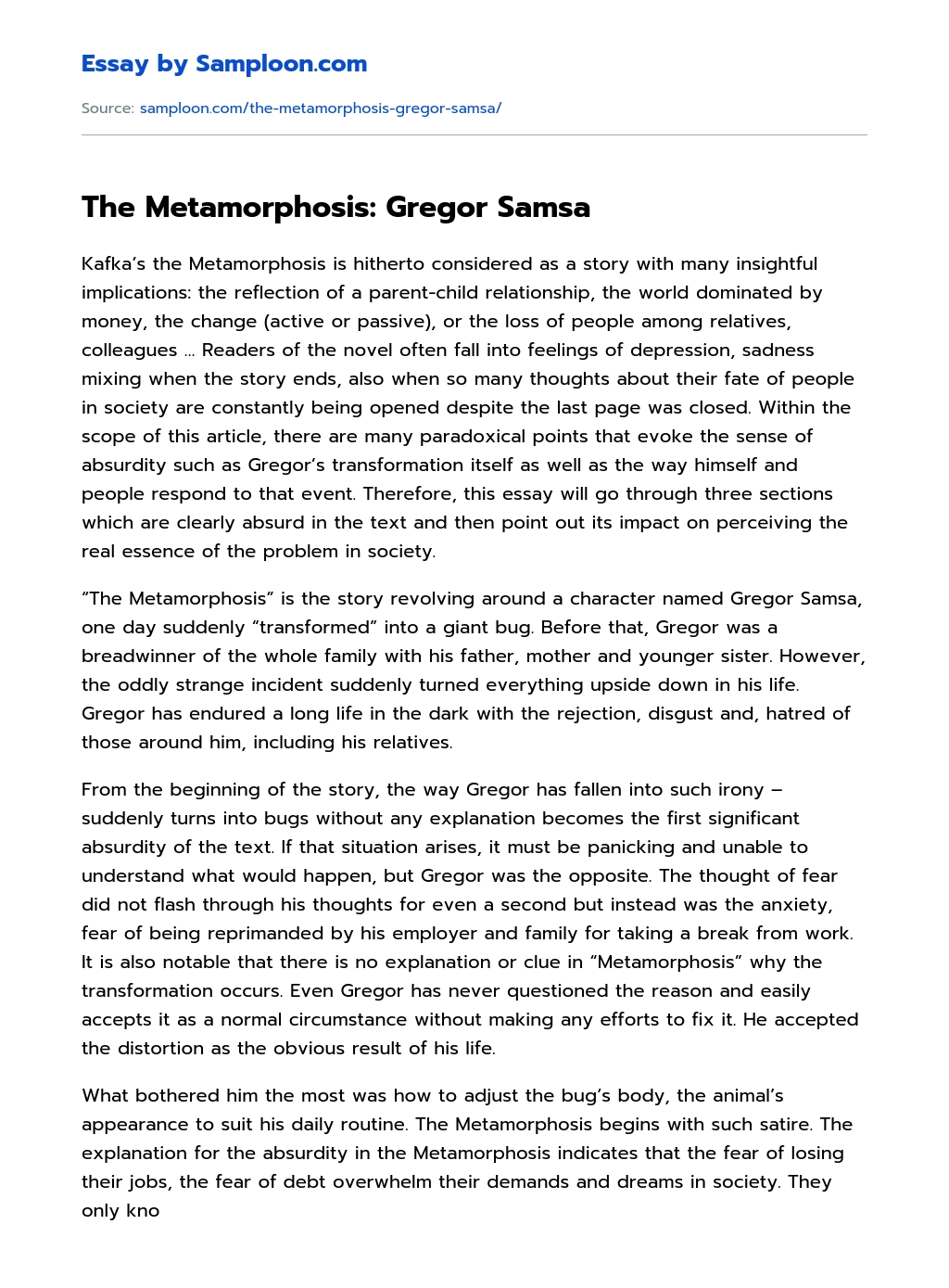 The Metamorphosis: Gregor Samsa essay