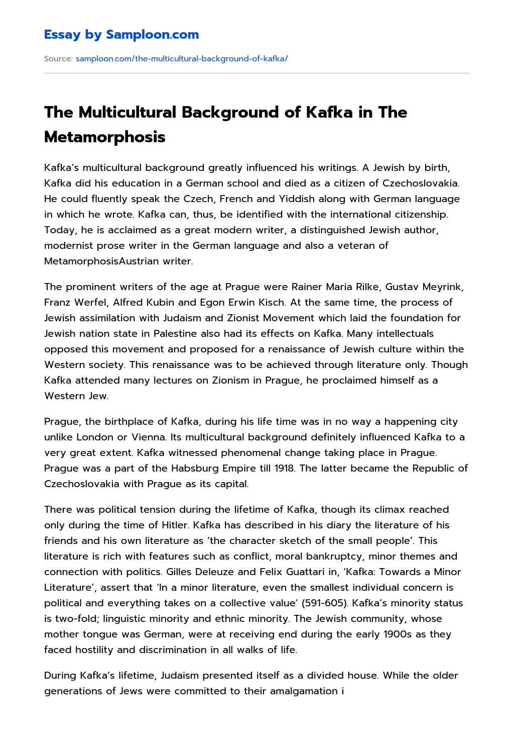 The Multicultural Background of Kafka in The Metamorphosis Summary essay