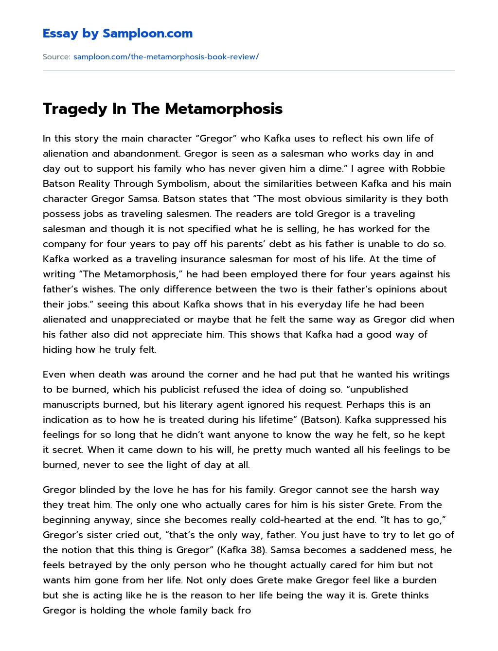 Tragedy In The Metamorphosis Summary essay
