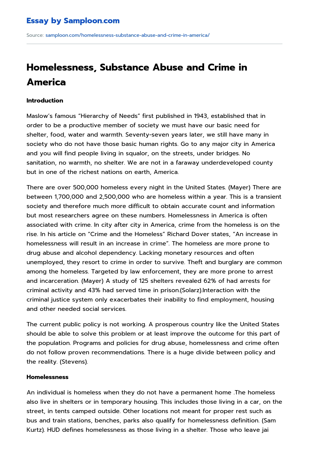 Homelessness, Substance Abuse and Crime in America essay