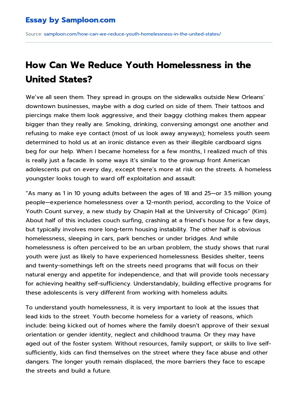 How Can We Reduce Youth Homelessness in the United States? essay
