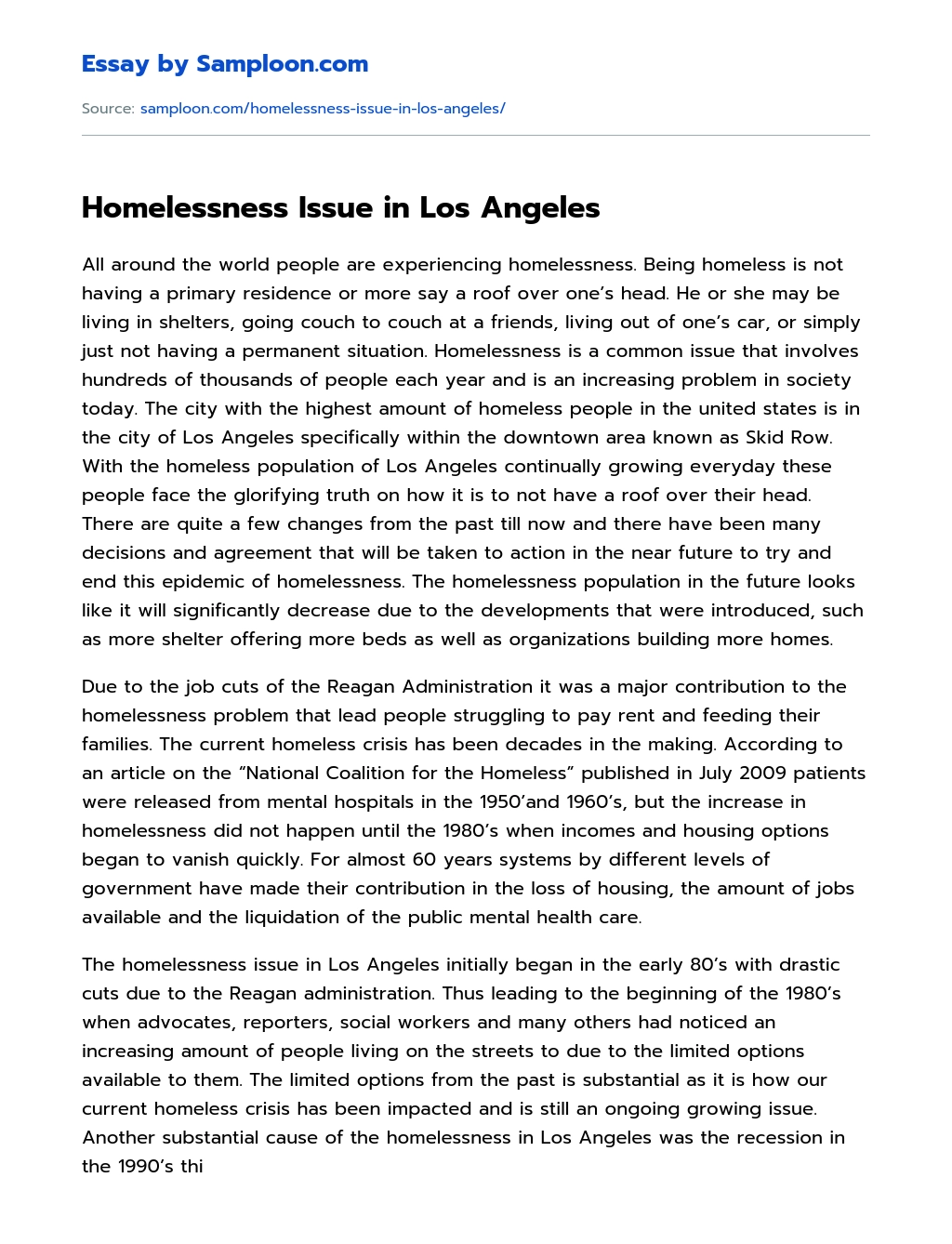 Homelessness Issue in Los Angeles essay