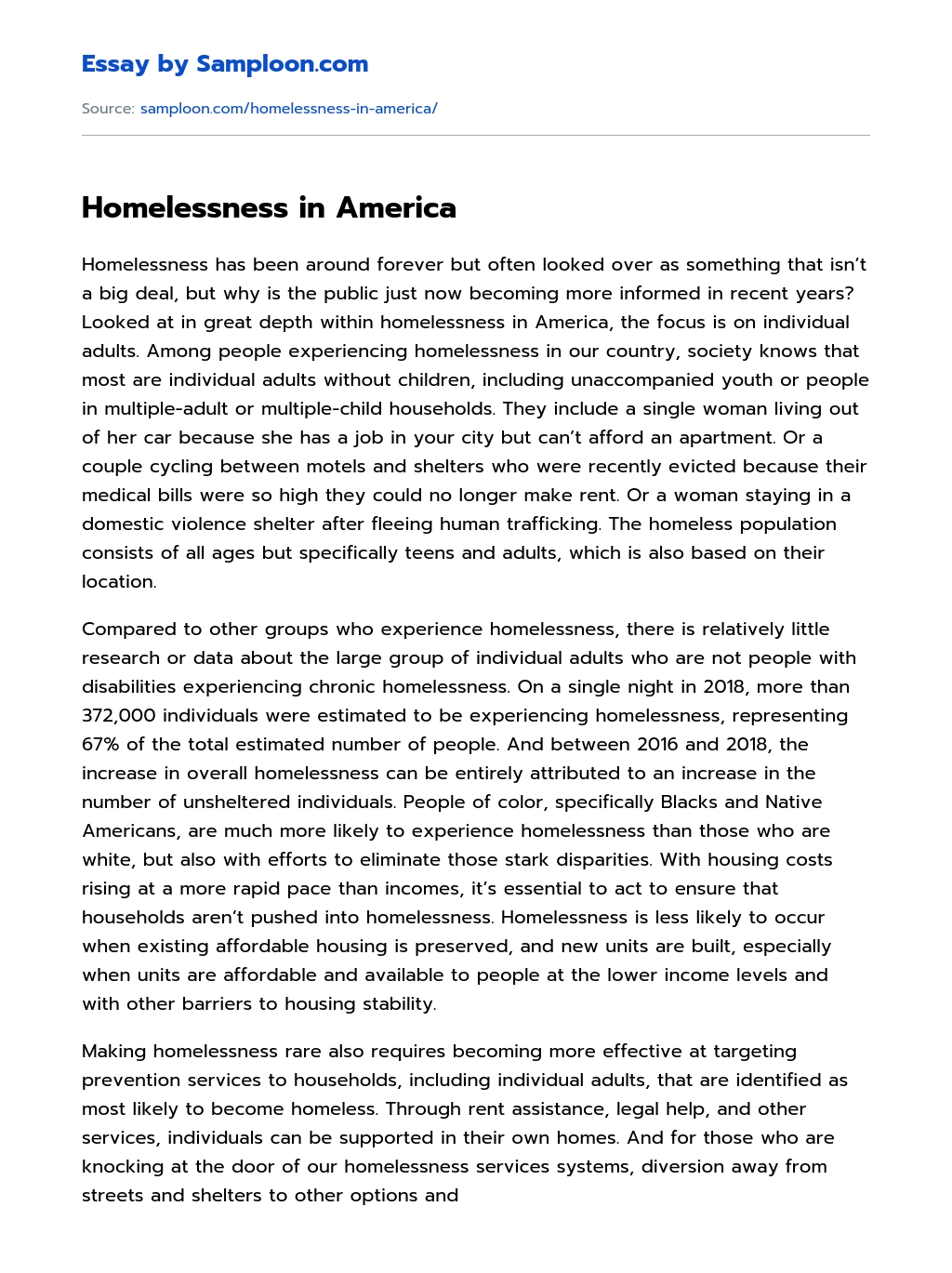 Homelessness in America Informative Essay essay