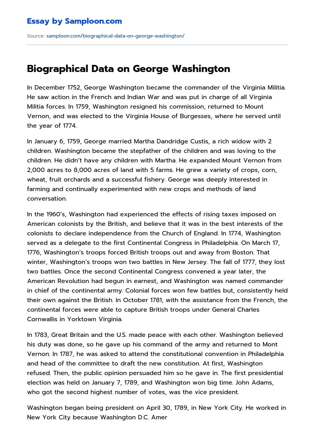 Biographical Data on George Washington essay