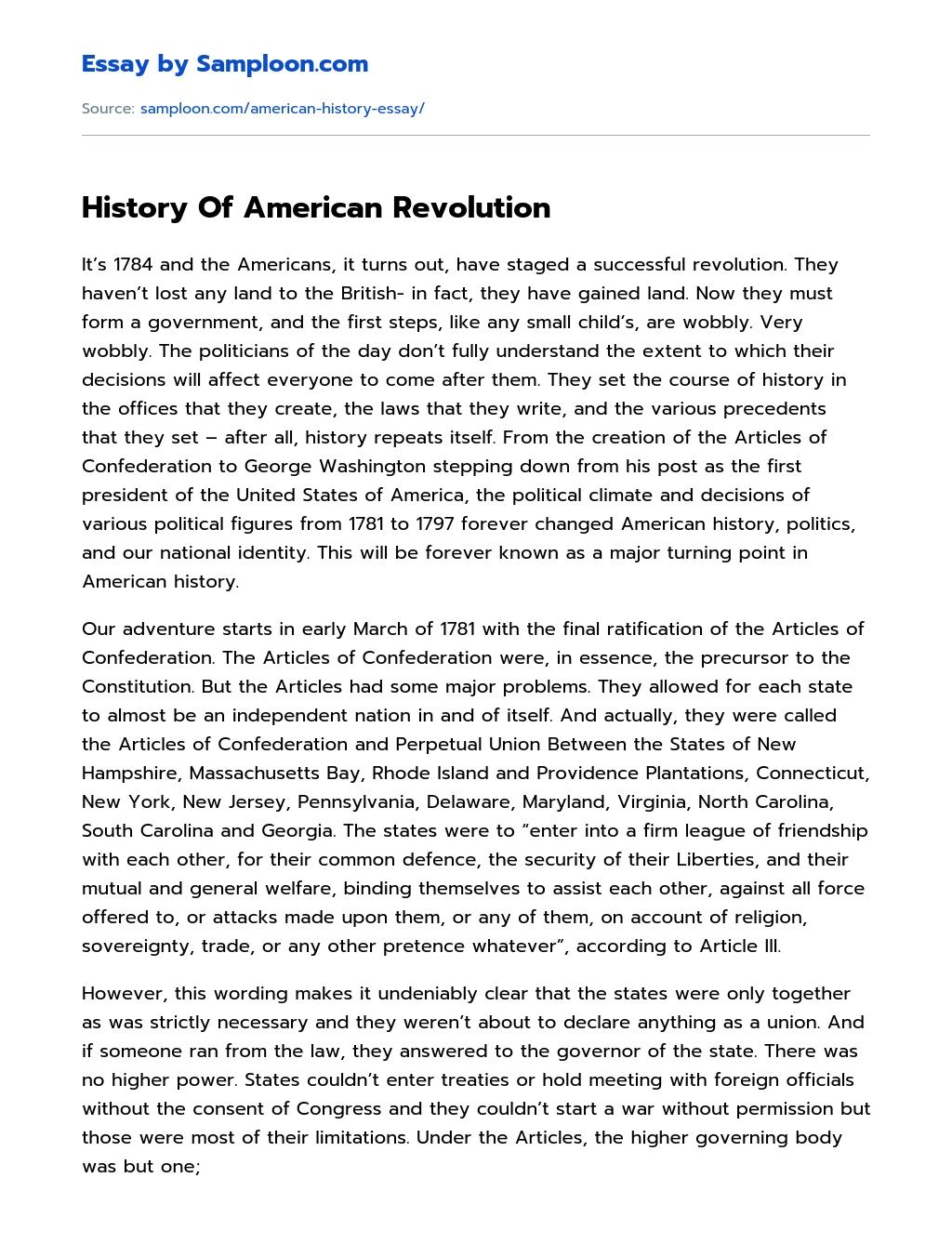 History Of American Revolution essay
